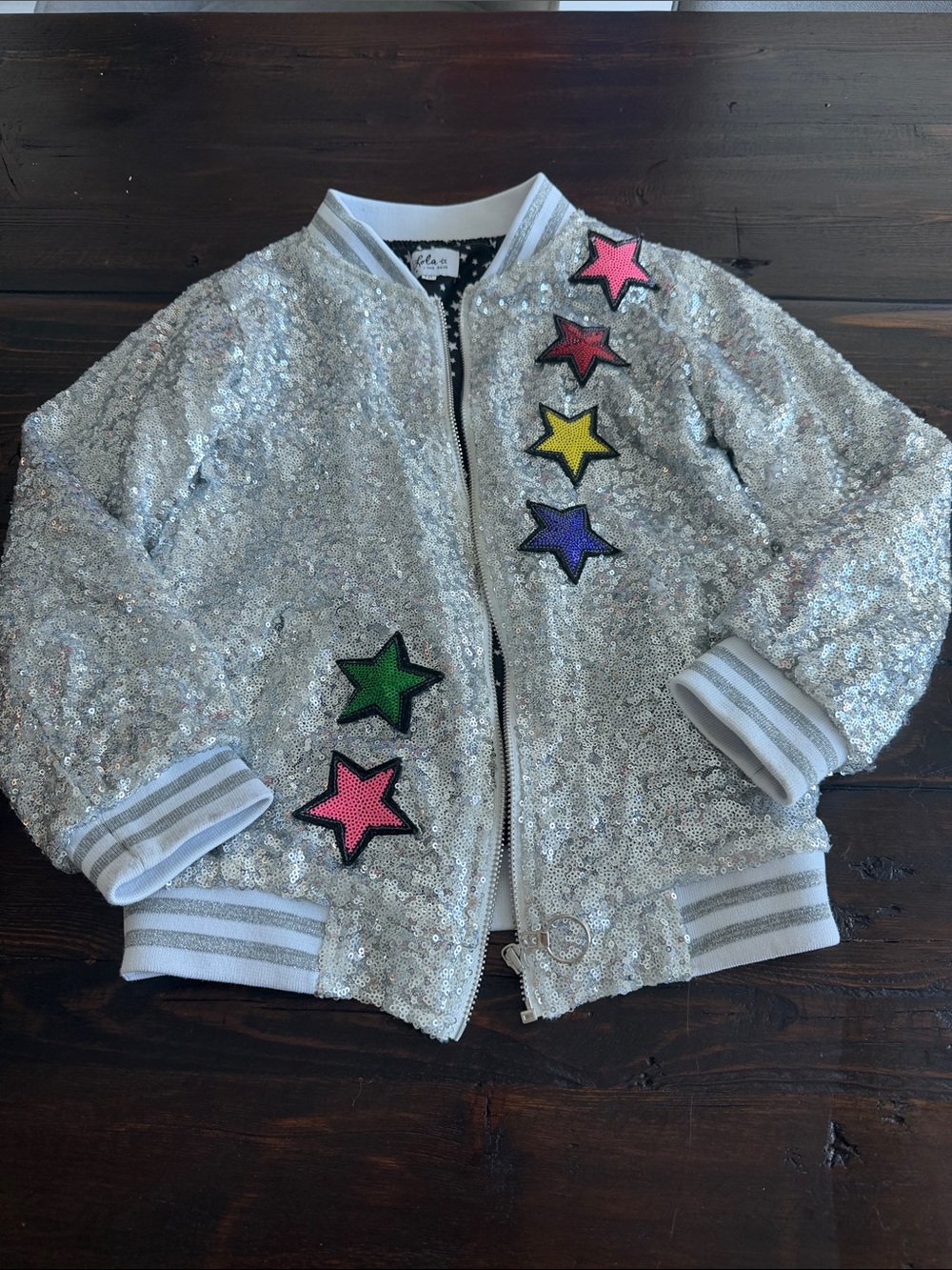 Lola and the boys Silver Sequin Star Bomber Jacket with unicorn size 10